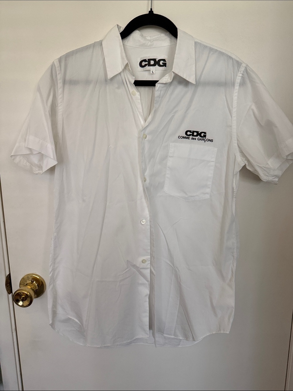 Comme des Garcons White Short Sleeve Button-Down with Chest Logo Pocket